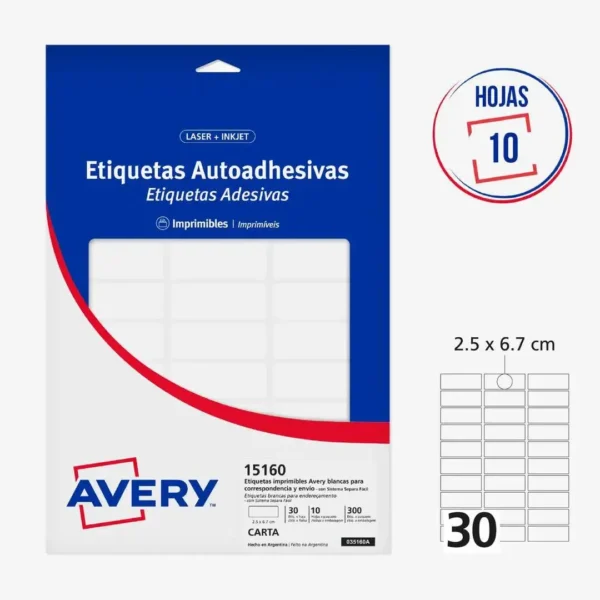 ETIQUETAS AVERY 15160 2.5X6.7 10H