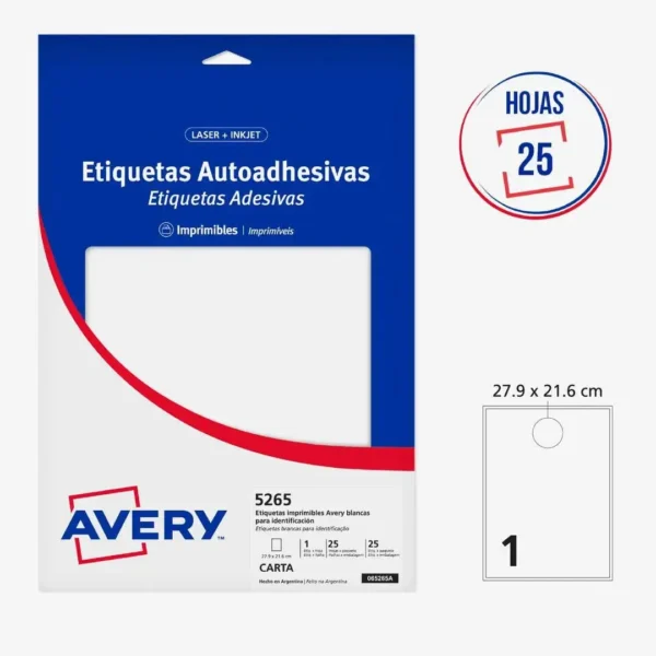 ETIQUETAS AVERY 5265 27.9X21.6 25H