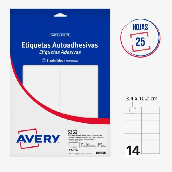 ETIQUETAS AVERY 5262 3.4X10.2 25H